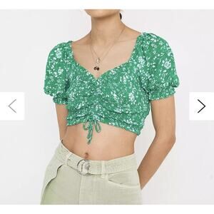 Urban Outfitters UO Shay Green Cinched Puff Sleeve Cropped Top Womens Size Small